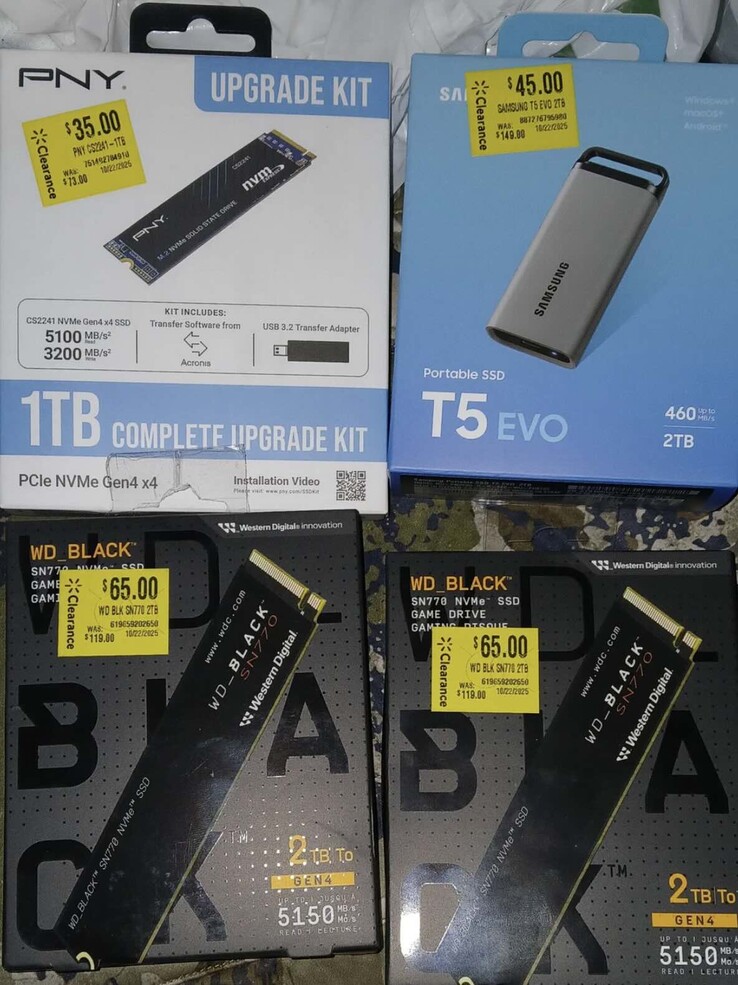The buyer's haul consists of a 1 TB M.2 SSD, two 2 TB M.2 SSDs, and a 2 TB external SSD.