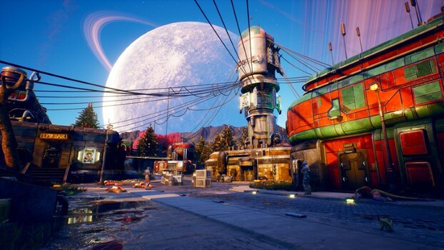 The visual design in The Outer Worlds does a lot to drive home the game's anti-corporate sentiment, as well as provide a rich environment for players to explore. (Image source: Obsidian Entertainment)