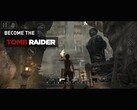 Tomb Raider gameplay running on iPhone or iPad showing Lara Croft exploring temple ruins with on-screen touch controls visible