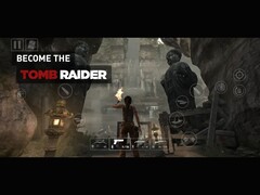 Tomb Raider gameplay running on iPhone or iPad showing Lara Croft exploring temple ruins with on-screen touch controls visible