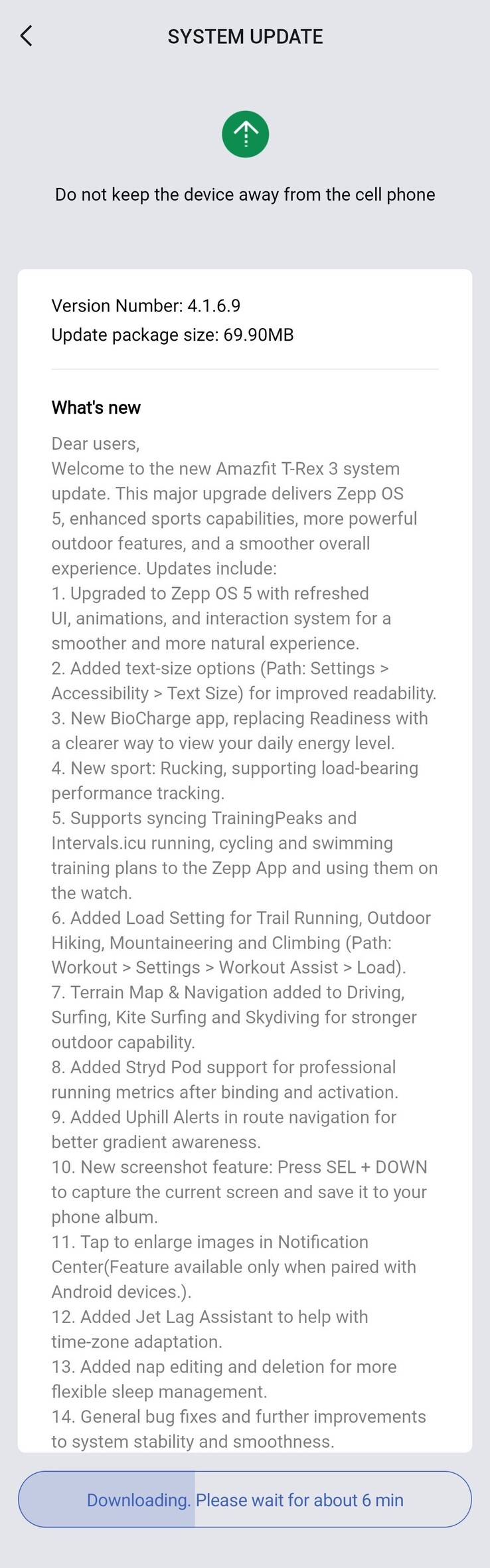 The change log for update version 4.1.6.9 for the Amazfit T-Rex 3. (Image source: Facebook)