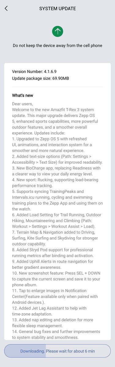 The change log for update version 4.1.6.9 for the Amazfit T-Rex 3. (Image source: Facebook)