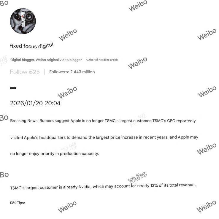 Apple is no longer TSMCs largest customer and may not enjoy priority access anymore. (image source: Fixed Focus Digital on Weibo)