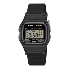 Casio F-91WF-1A digital watch with a black case and black woven fabric strap.