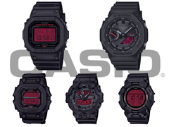 Clockwise from top left: the Casio DW-5600BBR-1, GA-B2100BBR-1A, GD-010BBR-1JF, GA-700BBR-1AJF, and GX-56BBR-1A - the full &quot;Black and Bold Red&quot; G-Shock lineup in one shot. (Image source: Casio)
