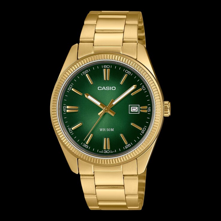 Casio's latest affordable MTP-1302PGC-3AV dress watch pairs a radiant green dial with a fluted bezel