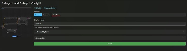 A screenshot of the ComfyUI hub for installation in Stability Matrix, with a red highlight on the build select drop down menu. (Image Source: Windows Screen Capture)