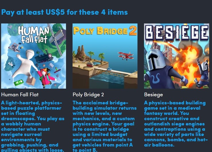 Game posters and descriptions. Paying $5 gets you 4 of the 9 games (Image source: Humble Bundle)