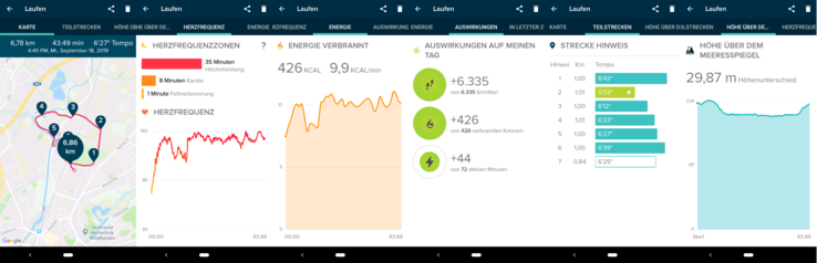 Running data on five screens, including track, heart rate, and more