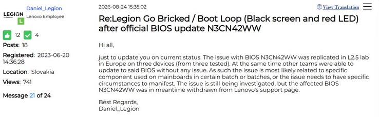 Update on Legion Go BIOS issues.