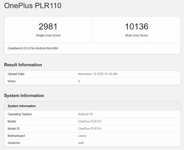 OnePlus Ace 6T on Geekbench