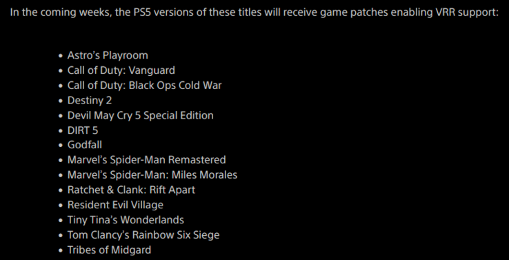 List of PS5 titles that will get VRR support initially (image via Sony)