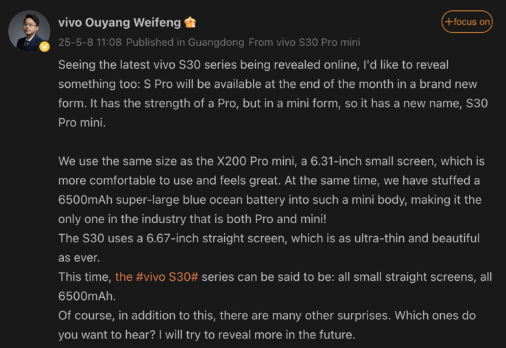 Official details of the Vivo S30 series. (Image source: Weibo - machine translated)