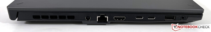 left: power supply, ethernet, HDMI 2.1 FRL, USB-C 4.0 (40 GBit/s, DisplayPort, Power Delivery), USB-C 3.2 Gen.2 (10 GBit/s, Power Delivery, DisplayPort, G-Sync), USB-A 3.2 Gen.1 (5 GBit/s), 3.5 headphone jack