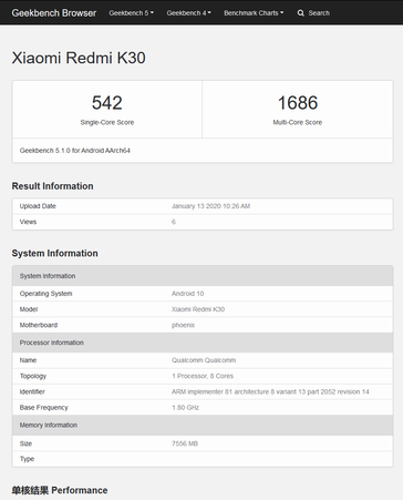 The "POCO X2" on Geekbench 5 (left), in comparison with an up-to-date listing for the Redmi K30. (Source: Geekbench)