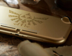 A Hylian Crest dominates the back of the Switch Lite Hyrule Edition. (Image source: Nintendo)