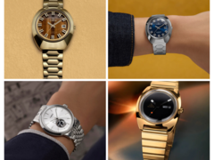 From top left to bottom left, clockwise (pictured), we have the Q Timex 1972 Time Machine reissue with a brown dial, the same reissue with a blue dial, the Q Timex 1975 Enigma reissue, and the Timex x Peanuts Marlin Automatic. (Image source: Timex - Edited)
