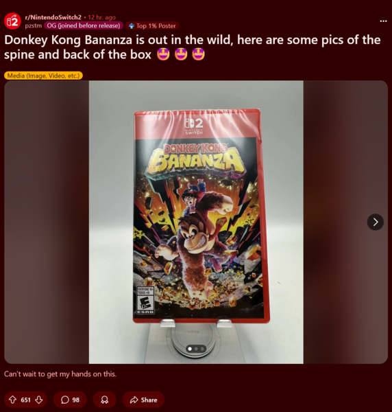 Donkey Kong Bananza retail Switch 2 leak with photos are shown (Image source: Nintendo Switch 2 subreddit)