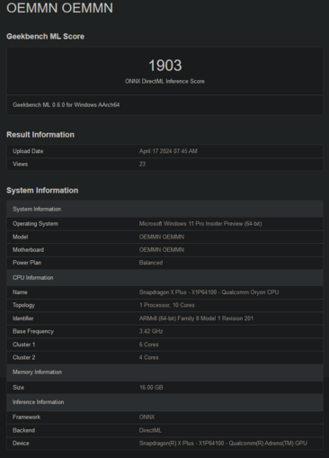 Snapdragon X Plus X1P64100 Geekbench scores (image via Geekbench)