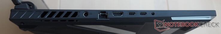 Left side: Power supply, RJ45-LAN, HDMI 2.1, Thunderbolt 4 (incl. DisplayPort), USB-C 3.2 Gen2 (incl. DisplayPort, Power Delivery, G-Sync), 3.5 mm combined audio jack.