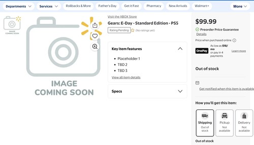 Walmart listing for Gears of War: E-Day PS5 pre-order shown