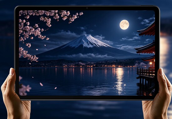 Hands hold a tablet displaying a night view