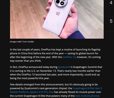 Tom’s Guide initially reported a November 13 US release for the OnePlus 15, but the mention has since been removed from the article. (Image source: Tom's Guide)