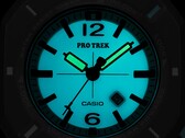 Casio Pro Trek PRJ-01AE-8 glowing turquoise in the dark, with illuminated hands and dial.