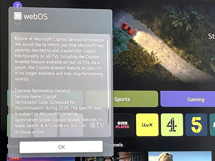 LG webOS notification informing users of Microsoft Copilot's upcoming shutdown