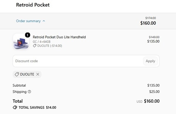 The coupon code knocks $14 off the Retroid Pocket Duo Lite's price.