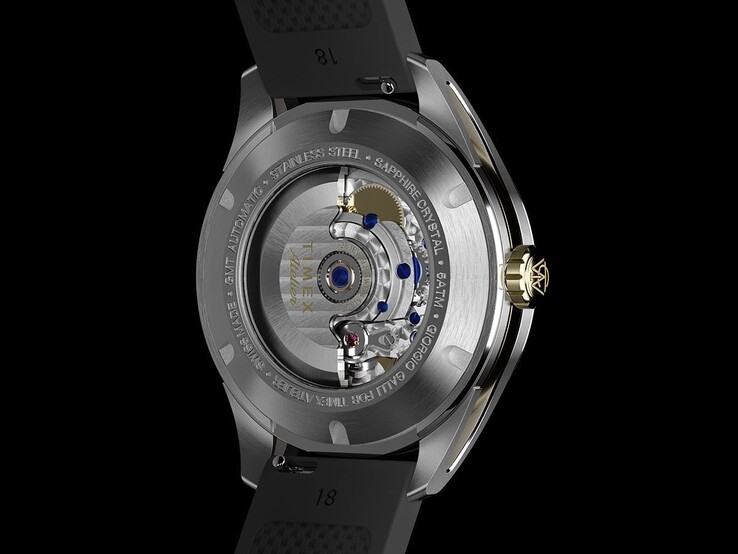 Rear view of the Timex Atelier GMT Première M1a showing its automatic GMT movement through the exhibition case back.