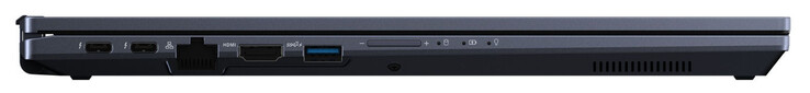 Left side: 2x Thunderbolt 4 (USB-C; Power Delivery, Displayport), Gigabit Ethernet, HDMI, USB 3.2 Gen 2 (USB-A), volume rocker