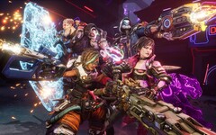 Borderlands 4 vault hunters standing back to back in battle with guns blazing