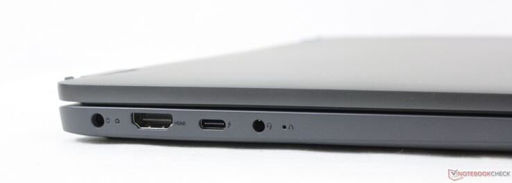 Left: AC adapter, HDMI 1.4b, USB-C 3.2 Gen. 2 w/ Thunderbolt 4 + DisplayPort + Power Delivery, 3.5 mm headset