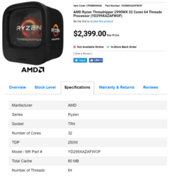 The AMD Ryzen Threadripper 2990X gets listed on CanadaComputers. (Source: Videocardz)