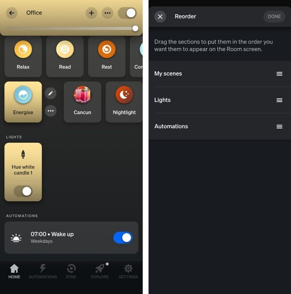 The Philips Hue app's Room View has a new Automations section which can be reordered
