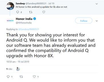 The tweets on the subject of EMUI 10 for the Honor 10 and 8X. (Source: Twitter)