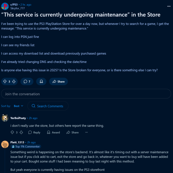 Reddit post on PS3 PlayStation Store downtime (Image source: screenshot, PlayStation 3 subreddit)