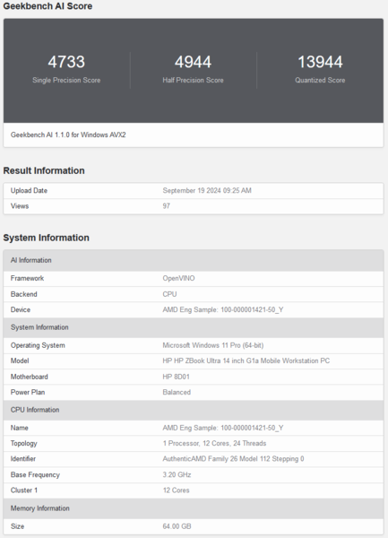 AMD Ryzen AI Max 390 Geekbench AI score (image source: Geekbench)