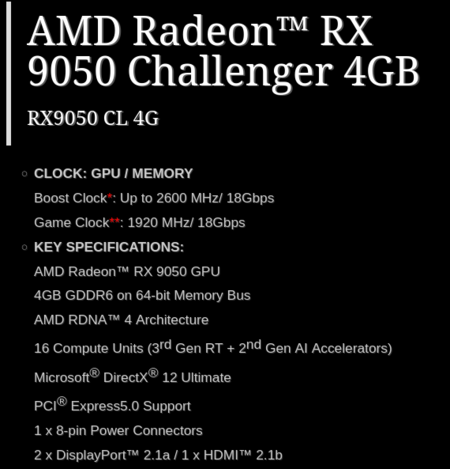 Screenshot of the spec page of the RX 9050 Challenger 4GB