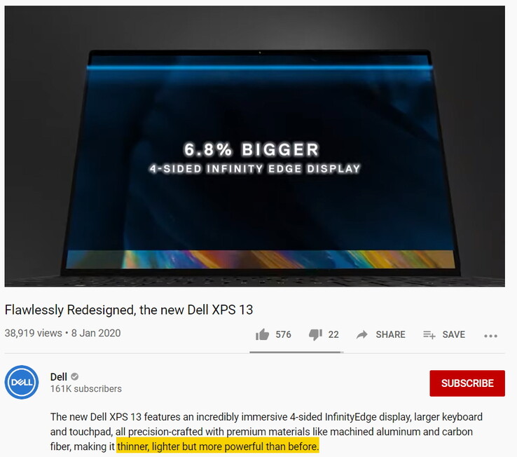 The new XPS 13, thinner but not lighter, than before. (Image source: YouTube)