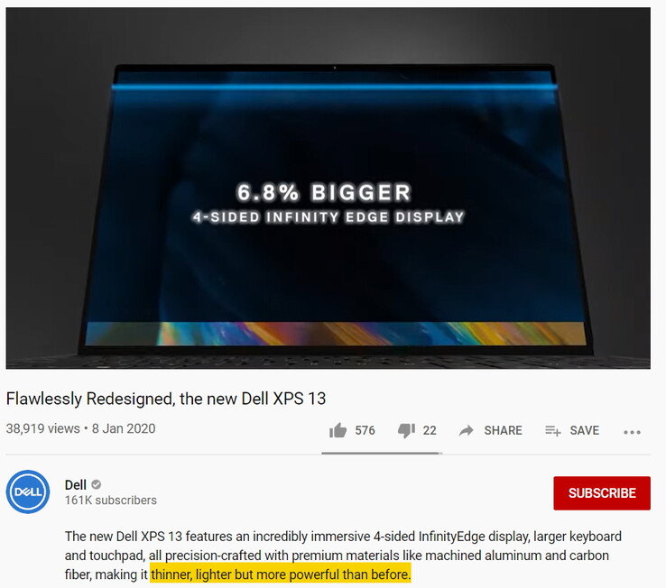 The new XPS 13, thinner but not lighter, than before. (Image source: YouTube)