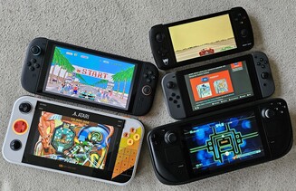 The Gamestation Go compared in size with Switch 2, Ayn Odin, Switch 1 and Steam Deck (from top left to bottom right, image source: Marc Zander, Notebookcheck)