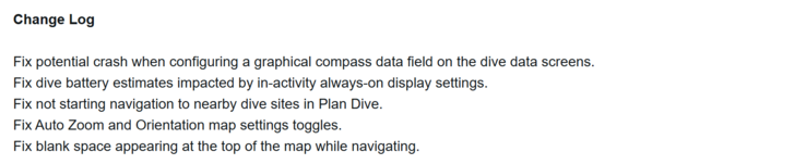 The change log for update 19.50 for the Garmin Descent Mk3 dive computers. (Image source: Garmin)