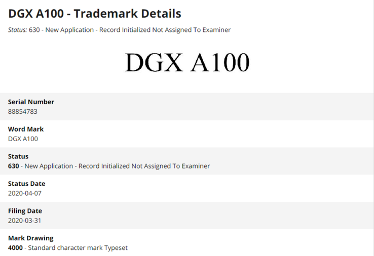NVIDIA Ampere DGX A100 trademark entry. (Source: Justia)