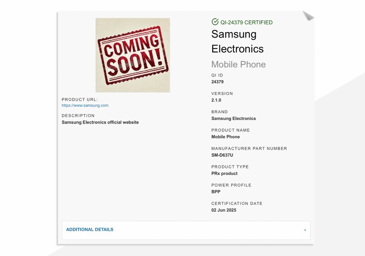 The Samsung Galaxy Z Fold7 has already received Qi2 certification. (Image source: Wireless Power Consortium)