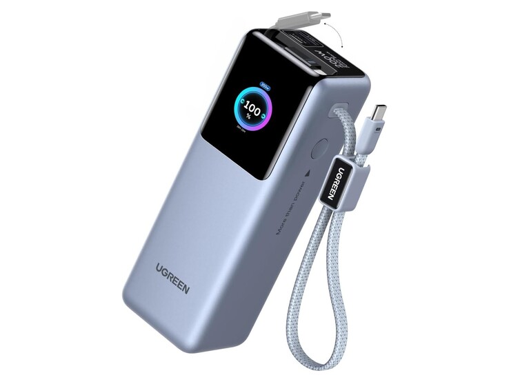 The Ugreen Nexode Pro Power Bank with two built-in cables and display.