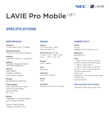 NEC Lavie Pro Mobile - Specifications. (Image Source: Lenovo)