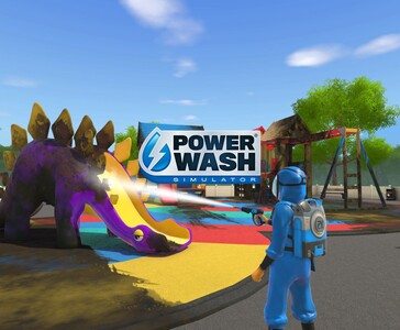 A player in PowerWash Simulator cleaning a colourful dinosaur slide in a playground using a high-pressure washer. (Image source: Square Enix Collective)