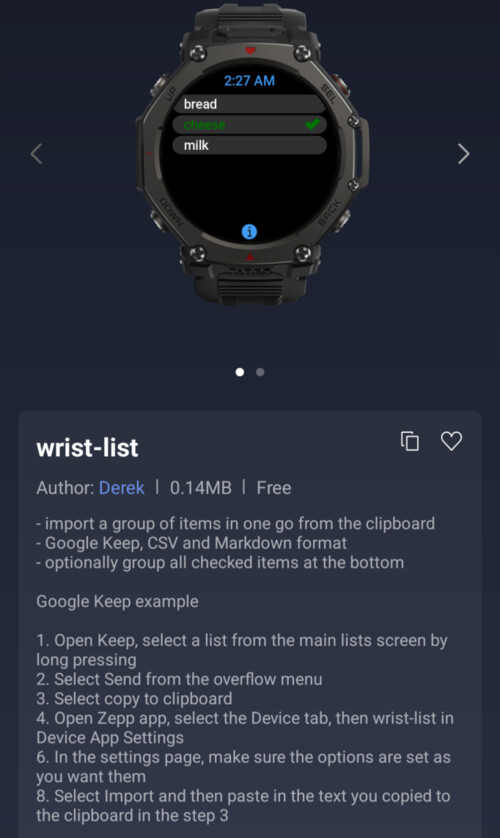 The wrist-list Mini App for Amazfit smartwatches